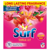 Surf - Laundry Powder Tropical 10 Washes (500g) features floral graphics, offers tropical fragrance and powerful stain removal, and is priced at £2.99.